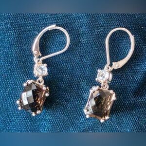 925 Sterling Silver, Smokey Quartz & Light Blue Topaz Checkerboard Cut Earrings